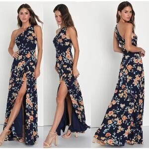 NWT Lulus Elegant Admiration Navy Blue Floral One-Shoulder Maxi Dress Cruise M